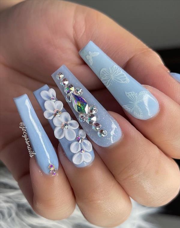 Beautiful Flower coffin nail in Blue