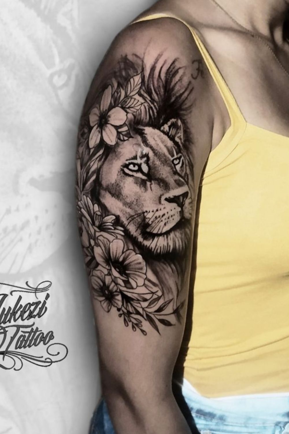 lion tattoo with flowers