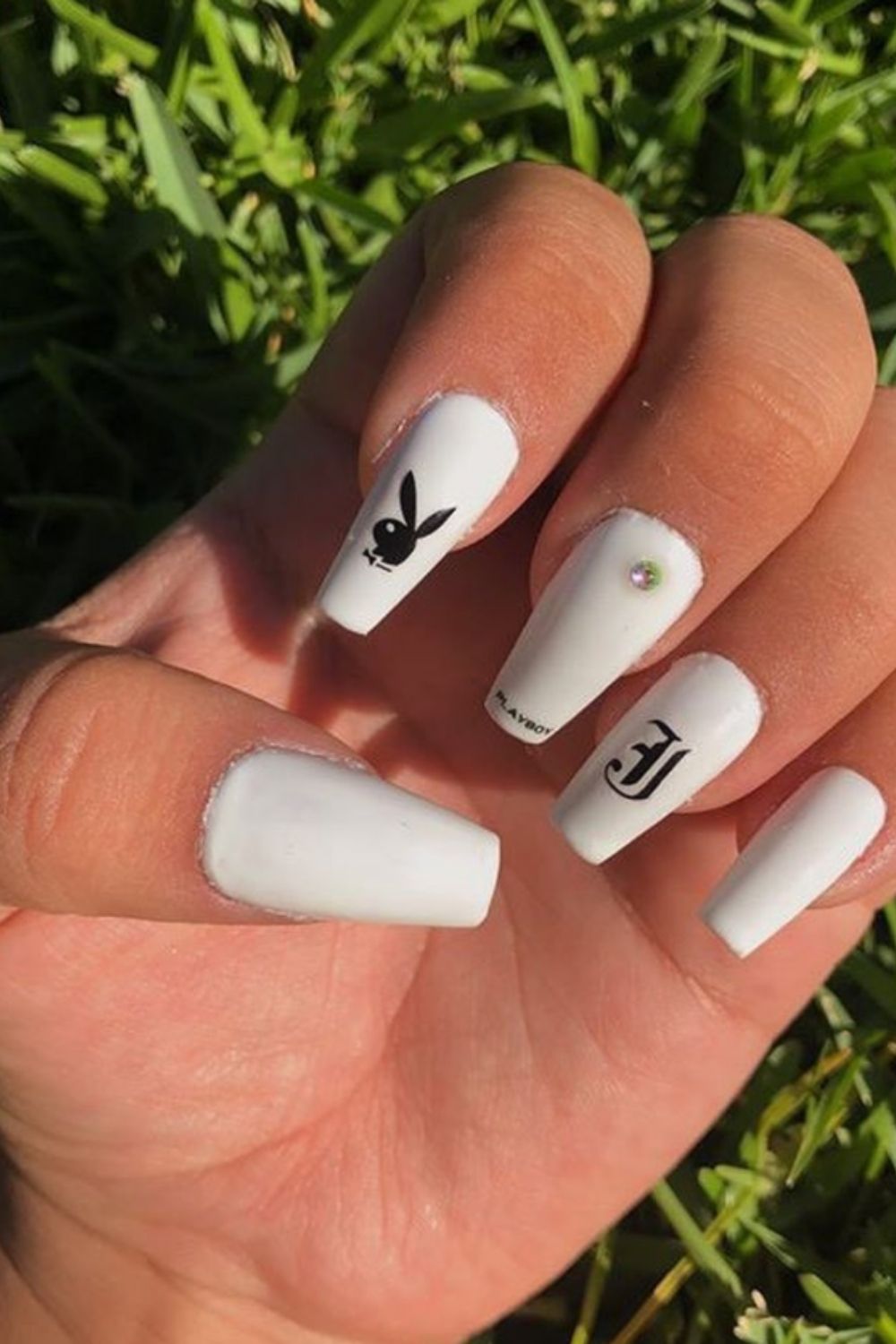 white acrylic nails with design coffin