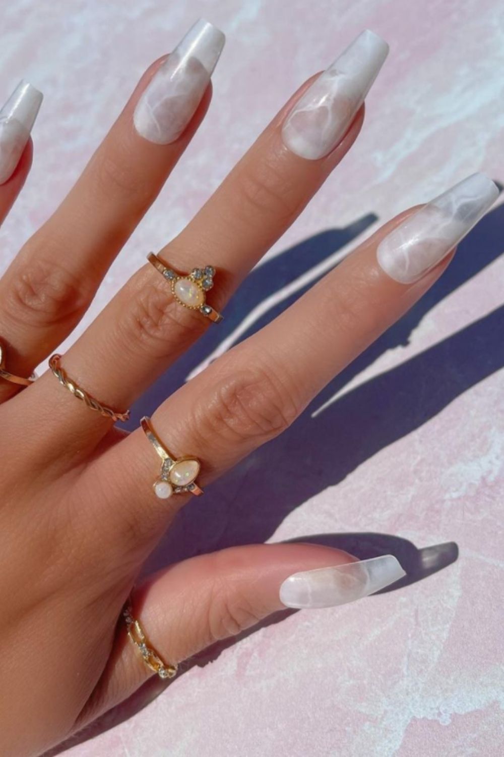white acrylic nails with design coffin